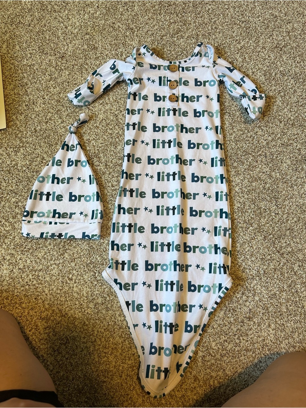 Little Brother Teal Print Knotted Gown and Hat Set - Kids One Piece